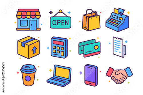 Colorful Store Icon Set. Independent Store. Colorful isometric vector icons set of independent store: storefront, open sign, shopping bag, cash register,