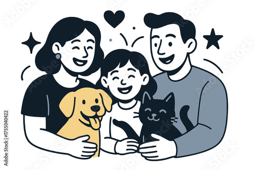 Family Unity Portrait. Lifetime bond. Glowing family portrait with dog and cat in center, everyone smiling together. Floating icons of sparkle, heart, and star