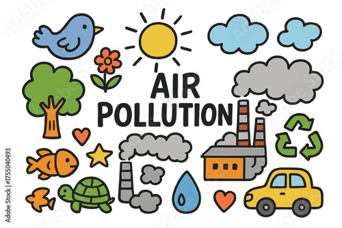 Air Pollution Doodle. Air Pollution. Colorful Hand-drawn doodle Children illustration bird, smoke cloud, tree, flower, factory, sun, cloud, recycling sign,