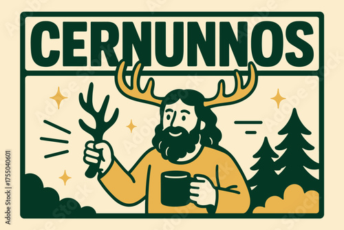 Cernunnos God Banner. Cernunnos God banner, flat vector illustration, bold oversized text inside rectangular frame, cartoon characters standing and pointing,