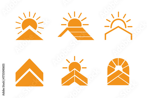 Solar Roof Logo Variants. Solar Roof Tiles. Set Logo of Solar Roof Tiles: sun and roof silhouette. harmonious logo variations of the same emblematic concept,