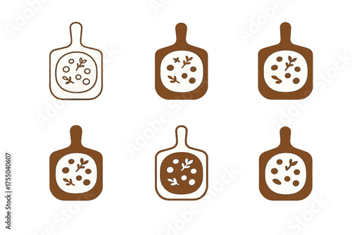 Rustic Focaccia Logos. Baking a rustic focaccia bread with herbs and olive oil. Set Logo of Baking a rustic focaccia bread with herbs and olive oil: wooden