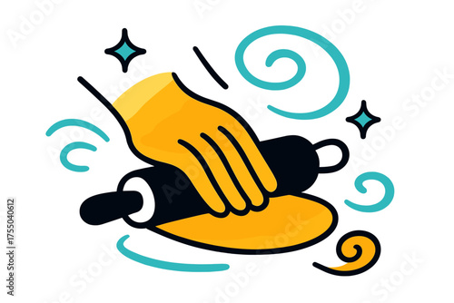 Glowing Rolling Pin Art. Rolling Pin. A glowing hand pressing dough with a rolling pin, abstract floating spark and swirl shapes symbolizing smooth motion.
