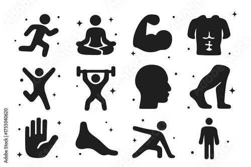 Fitness Icons Collection. Fitness body. Solid icons set of Fitness body: running figure, yoga pose, muscle arm, torso, jumping figure, weightlifting pose,