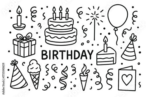 Birthday Celebration Icons. Birthday. Hand-drawn doodle illustration Birthday cake candle gift balloon party hat confetti ribbon sparkler card slice ice cream.
