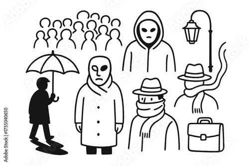 Evasive Street Shadows. Evasive Figures. Hand-drawn doodle illustration Evasive Figures hooded person mask coat umbrella briefcase shadow scarf hat crowd