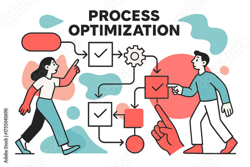 Efficient Process Flowchart. Process Optimization. Flowchart with arrows and icons automatically reordering for maximum efficiency, hands pointing at