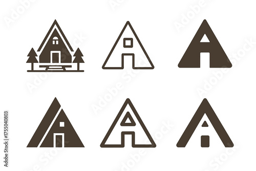 Tiny Home Logos. Tiny homes and alternative living spaces. Set Logo of Tiny homes and alternative living spaces: A-Frame Cottage. harmonious logo variations of