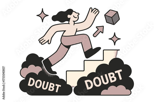 Ascending with Joy. Joy in progress. Glowing figure stepping up glowing stairs, leaving behind clouds of doubt. Floating icons of sparkle, arrow, and cube