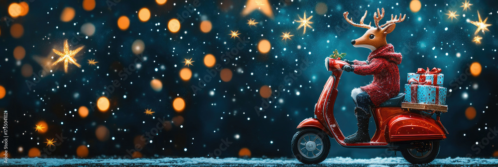 Fototapeta premium Christmas reindeer wearing a red sweater and boots, driving a red scooter loaded with gifts on a snowy road under a magical dark blue starry night with bright bokeh lights