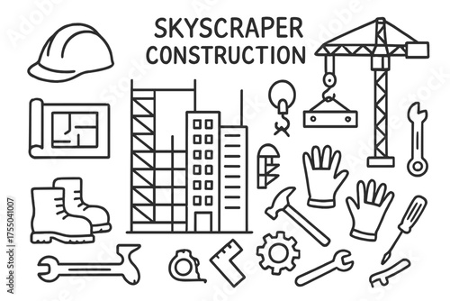 Skyscraper Construction Icons. Skyscraper Construction. Hand-drawn doodle illustration Skyscraper Construction worker helmet scaffold crane steel