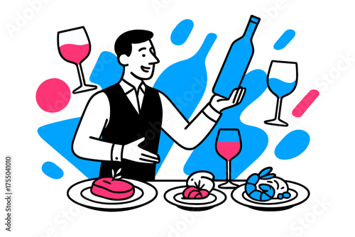 Wine and Dine. Wine Pairing. Sommelier presenting wine alongside gourmet dishes, floating abstract glasses and bottle shapes, sophisticated dining atmosphere.