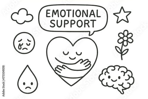 Emotional Support Icons. Emotional Support. Hand-drawn doodle illustration Emotional Support heart hands hug speech bubble tears smile brain flower star cloud.