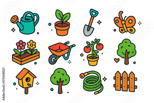 Garden Tools Icons. Home Garden. Colorful isometric vector icons set of home garden: watering can, potted plant, shovel, rake, flower bed, wheelbarrow, tomato