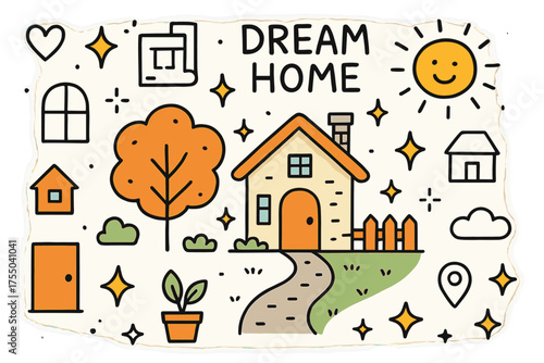 Charming Cartoon Dream House. Dream Home. Hand-drawn doodle illustration completed house (colored), garden tree (colored), door (colored), sparkle, star,