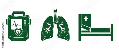 Medical Icons Set Defibrillator Lungs Hospital Bed Healthcare Symbols healthcare icon