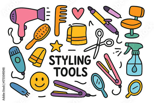 Colorful Styling Tools. Styling Tools. Colorful Hand-drawn doodle Children illustration hair dryer, comb, brush, curling iron, straightener, scissors, spray
