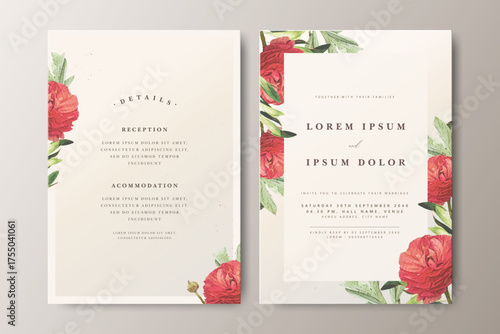 Romantic wedding invitation card design featuring vibrant red roses and green botanical leaves. Elegant text layout on a soft, neutral background. Ideal for weddings and VIP events.
