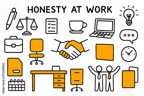 Honest Work Essentials. Honesty at Work. Hand-drawn doodle illustration honesty at work handshake (accented), scales of justice, laptop (accented), checklist,