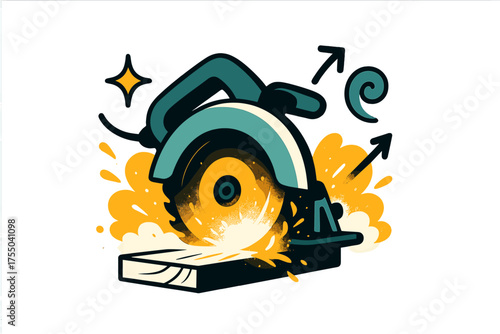Dynamic Saw Cutting. Circular saw. Glowing blade cutting through wood, glowing sparks and dust cloud rising dramatically. Floating icons of sparkle, arrow, and