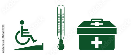 Medical Icons Wheelchair Ramp Thermometer First Aid Kit Green healthcare icon accessibility