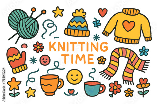 Colorful Knitting Doodles. Knitting Time. Colorful Hand-drawn doodle Children illustration yarn ball, knitting needles, scarf, mitten, hat, snowflake, sweater,