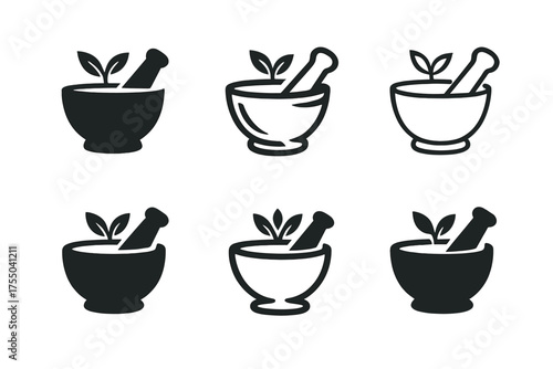 Fusion Cuisine Logos. Food recipe creation and fusion cuisines. Set Logo of Food recipe creation and fusion cuisines: mortar and pestle. harmonious logo
