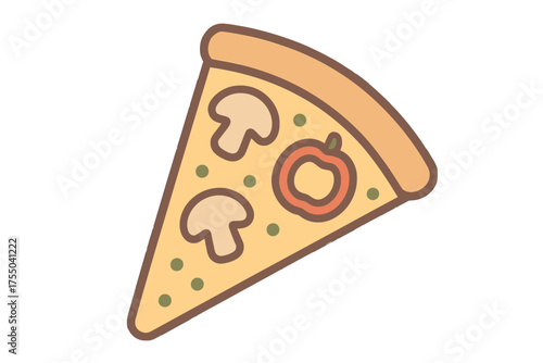 A savory slice of classic vegetarian pizza topped with fresh mushrooms and a ring of bell pepper, depicted in a cute and simple cartoon style