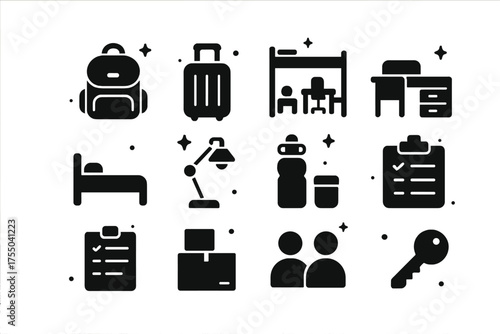 Move-In Day Icons. College Move-In Day. Solid icons set of College Move-In Day: backpack, suitcase, dorm room, desk, bed, lamp, water bottle, calendar,