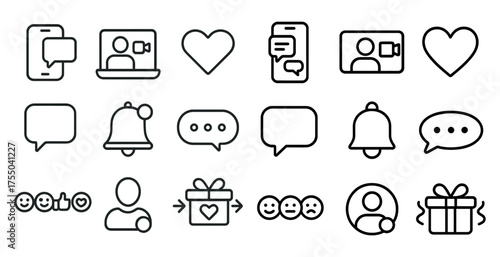 Communication and social outline icons set – chat, message, online interaction symbols