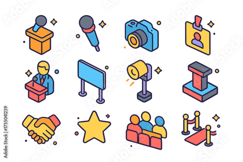 Press Conference Icons. Press Conference. Colorful isometric vector icons set of press conference: podium, microphone, camera, press badge, speaker, banner,