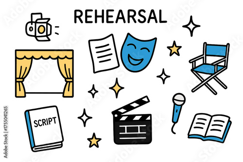 Theatrical Rehearsal Doodles. Rehearsal. Hand-drawn doodle illustration stage (colored), script (colored), mask (colored), sparkle, star, notebook, spotlight,