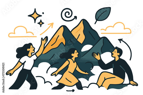 Serene Mountain Harmony. Mountain view. Glowing peaks surrounded by drifting soft clouds. Floating icons of sparkle, swirl, and leaf symbolizing serenity.