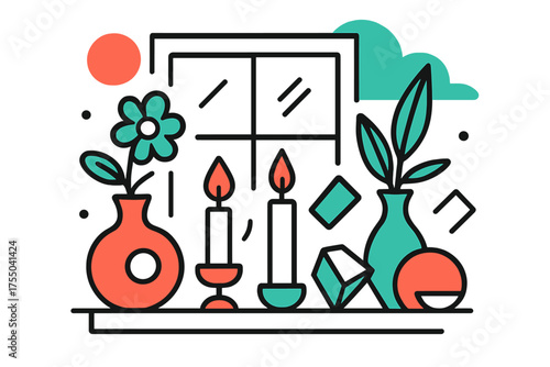Floating Geometric Ornaments. Decorative Objects. Window sill with floating vases, candles, and abstract geometric ornaments, playful interior composition.