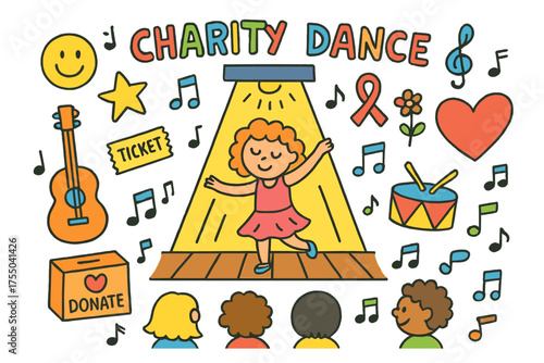 Charity Dance Celebration. Charity Dance. Colorful Hand-drawn doodle Children illustration dancer, stage, spotlight, heart, star, smiley face, donation box,