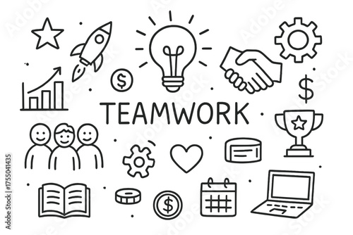 Teamwork Doodle Icons. Teamwork. Hand-drawn doodle illustration teamwork people group, handshake, lightbulb, star, chart, rocket, dollar sign, gear, heart,