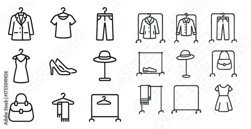 Clothing and fashion outline icons set – wardrobe, apparel, shopping symbols