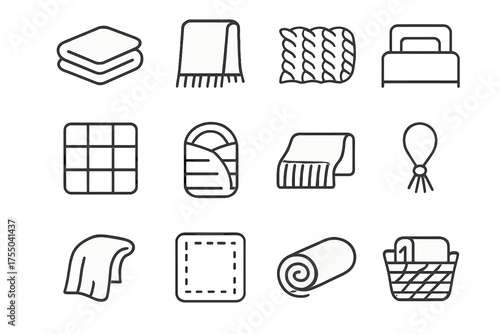 Blanket Icon Set. Blanket. Line icon set of Blanket: folded blanket, cozy throw, knitted blanket, fleece blanket, patterned quilt, sleeping bag, bedspread,