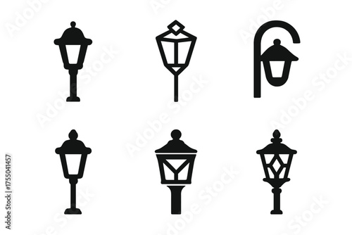Stylized Street Lamp Logos. Urban Infrastructure. Set Logo of Street Lamp: Filled silhouette, Abstract geometric, Negative space, Flat solid, Symmetrical form,