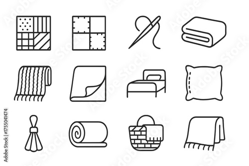 Patchwork Blanket Icons. Patchwork blanket. Line icon set of Patchwork blanket: quilt, patch, stitching, folded blanket, knitted throw, fleece blanket,