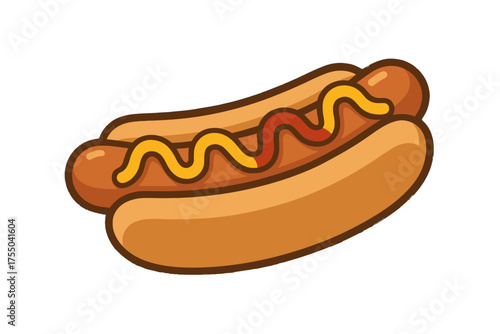 Cartoon illustration of a classic hot dog with sausage in a bun, topped with yellow mustard and red ketchup, a popular American fast food icon