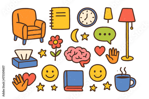 Colorful Therapy Icons. Therapist Office. Colorful Hand-drawn doodle Children illustration chair, notebook, lamp, tissue box, clock, flower, book, heart, star,