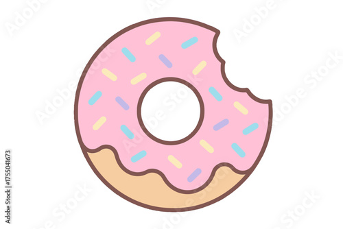 Charming vector illustration of a pink frosted donut with colorful candy sprinkles, deliciously bitten, representing a sweet bakery treat and delightful sugary snack
