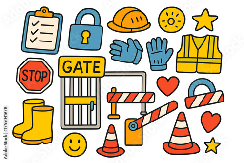 Gate Safety Doodle. Gate Control. Colorful Hand-drawn doodle Children illustration access gate, lock, helmet, safety vest, clipboard, barrier, boots, gloves,