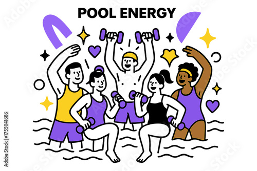 Energetic Water Aerobics. Pool Energy. A glowing group participating in water aerobics together, abstract floating spark and heart icons symbolizing community
