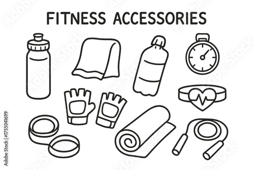 Fitness Accessory Icons. Fitness Accessories. Hand-drawn doodle illustration Fitness Accessories water bottle towel stopwatch gloves yoga mat resistance band