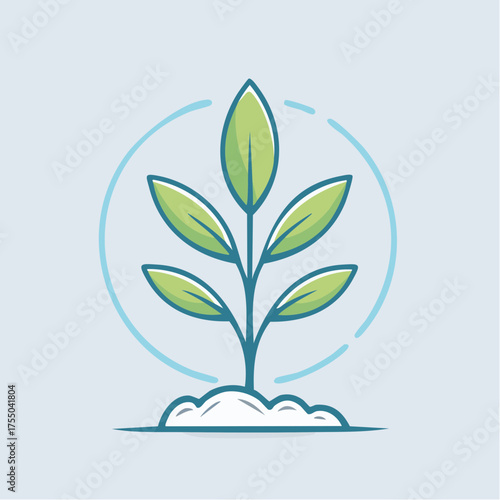 A vibrant illustration of a young plant with green leaves growing from the soil, encircled by a light blue ring.