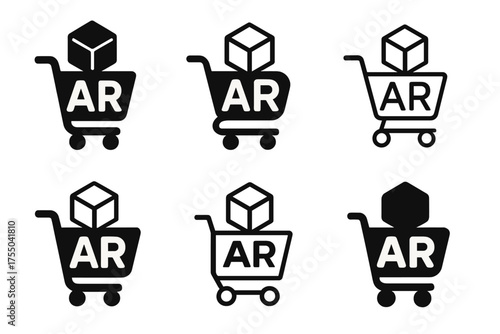 AR Marketing Logos. Augmented reality marketing. Set Logo of Augmented reality marketing: AR shopping cart with virtual product overlay. harmonious logo