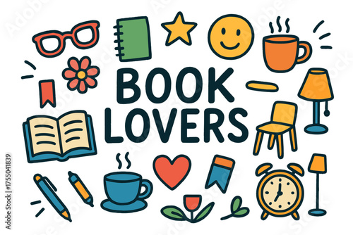 Book Lovers Doodle. Book Lovers. Colorful Hand-drawn doodle Children illustration open book, heart, star, smiley face, coffee mug, tea cup, glasses, flower,