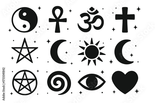 Spiritual Symbols Icons. Spiritual Symbols. Solid icons set of Spiritual Symbols: yin yang, ankh, om symbol, cross, star, crescent, sun, moon, pentagram,